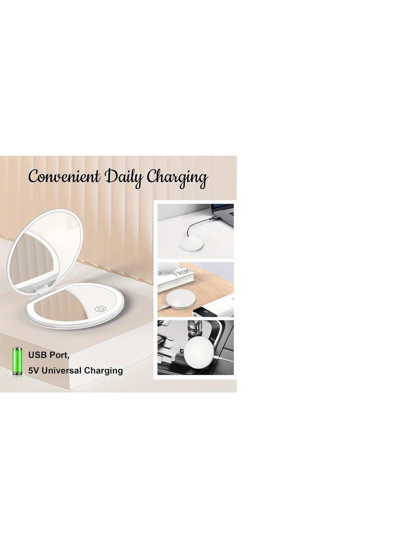 مرآة مكياج LED محمولة بثلاثة مستويات سطوع، تتميز بغطاء قلاب وتصميم دائري قابل للطي. جانب واحد يوفر تكبيرًا، وتتضمن خيارًا شحن USB - Image 2